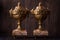 Vintage Old Brass Trophy Cups With Marble Pedestal