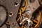 Vintage old mechanism with gears and springs, clock mechanism close-up