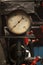 Vintage old pressure gauges. Analog manometer. Industrial, close up , grunge film look