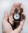 Vintage old watch on a chain. hand holding a watch on a chain.