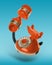 Vintage orange corded telephone flying in air on light blue background