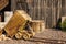 Vintage Ore Cart on Tracks Outside Wood Building