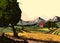 Vintage organic farm, Countryside landscape with hay, field and village