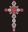 Vintage Ornate Christian Cross from red and silver brilliant stones, small beautiful flowers, rhinestone applique.