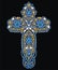 Vintage Ornate Christian Cross from sapphire and gold brilliant stones, small beautiful flowers, rhinestone applique