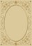 Vintage oval frame with rich golden patterns, embossed gold ornament on light gold background, empty area for text