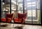 Vintage pair of armchairs standing by big wall of glass.