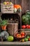 Vintage pantry with harvested vegetables and fruits