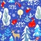 Vintage paper blue seamless background with Christmas pattern with snowy firs, trees, reindeer, angel, candle, candy, sock, mitten