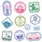 Vintage passport travel vector stamps with international symbols and famous trademark