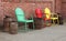 Vintage patio chairs in front of a restaurant in Wallace Idaho.