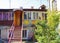 Vintage patio of historical houses with red stairs in Podil district in Kyiv, Ukraine