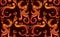 Vintage phoenix seamless pattern with curls and feathers. Wallpaper of orange birds with tails and wings on dark burgundy