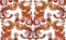 Vintage phoenix seamless pattern with curls and feathers. Wallpaper of orange birds with tails and wings on a white background