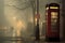 vintage phone booth in a foggy london street scene