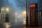 vintage phone booth in a foggy london street scene