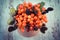 Vintage photo, Bunch of red viburnum with alder cone and acorns on rustic wooden background