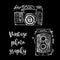 Vintage photo camera vector sketch illustration. Hand draw retro photographer camera white chalk on black board