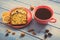 Vintage photo, Cup of hot coffee and fresh baked homemade fruitcake