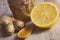 Vintage photo, Fresh lemon, honey and ginger on wooden table, healthy nutrition