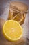 Vintage photo, Fresh lemon and honey in glass jar, healthy food and nutrition concept