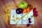 Vintage photo, Fruits, tablets supplements and centimeter with notebook, slimming and healthy food