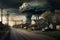 Vintage photo of a huge cloud of smoke over a rural road. Generative AI