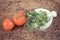 Vintage photo, Parsley in mortar and spices with vegetables on rustic boards