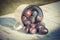 Vintage photo, Plums spill out of metallic mug on wooden table in garden on sunny day