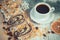 Vintage photo, Poppy seeds cake, cup of coffee and spruce branches, dessert for Christmas