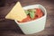 Vintage photo, Potato crisps and sauce in bowl, concept of unhealthy food