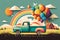 vintage pickup truck hauling a load of colorful balloons through a rural landscape dotted with quaint farmhouses and windmills