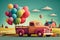 vintage pickup truck hauling a load of colorful balloons through a rural landscape dotted with quaint farmhouses and windmills