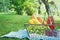 Vintage picnic basket with fruit