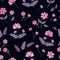 Vintage pink flowers in vector. Seamless pattern with embroidery. Beautiful floral illustration on black background