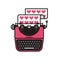 Vintage pink typewriter typing valentines greetings isolated vector illustration