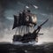 Vintage pirate sailboat with black sails against the backdrop of a stormy sky and the black sea,