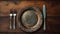 Vintage plate, knife and fork on wooden background. Top view Generative AI