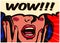 Vintage pop art comic book surprised and excited woman saying wow with open mouth vector illustration