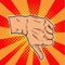 Vintage pop art dislike. A negative gesture in social networks. Thumb down in retro style on a multi-colored background
