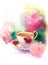 Vintage Porcelain Cup of Berry Tea and Roses Watercolor Still Life Illustration Hand Drawn