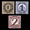 Vintage postal stamp alphabet with capital letters and digits - digits 0-2