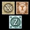 Vintage postal stamp alphabet with capital letters and digits - letter X-Z