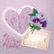 Vintage postcard, beautiful pansy flowers, lace heart