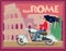 Vintage postcard. A girl with developing black hair rides a motorcycle on the background of the Colosseum