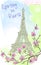 Vintage postcard with a view of the Eiffel tower and blossoming cherry. Color watercolor. Spring discounts.