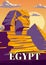 Vintage Poster Ancient Sphinx, Egypt Pharaoh Pyramids. Travel to Egypt Country, Sahara desert. Retro card illustration