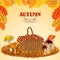 Vintage poster autumn with mushrooms, basket, autumn leaves and grass. Vector illustration.