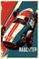 Vintage poster, beautiful woman racer, in red white and blue colors. Generative Ai