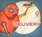 Vintage poster with the bot. Protecting from transmission virus COVID-19. Delivering food order to home by the bot. mapp from the